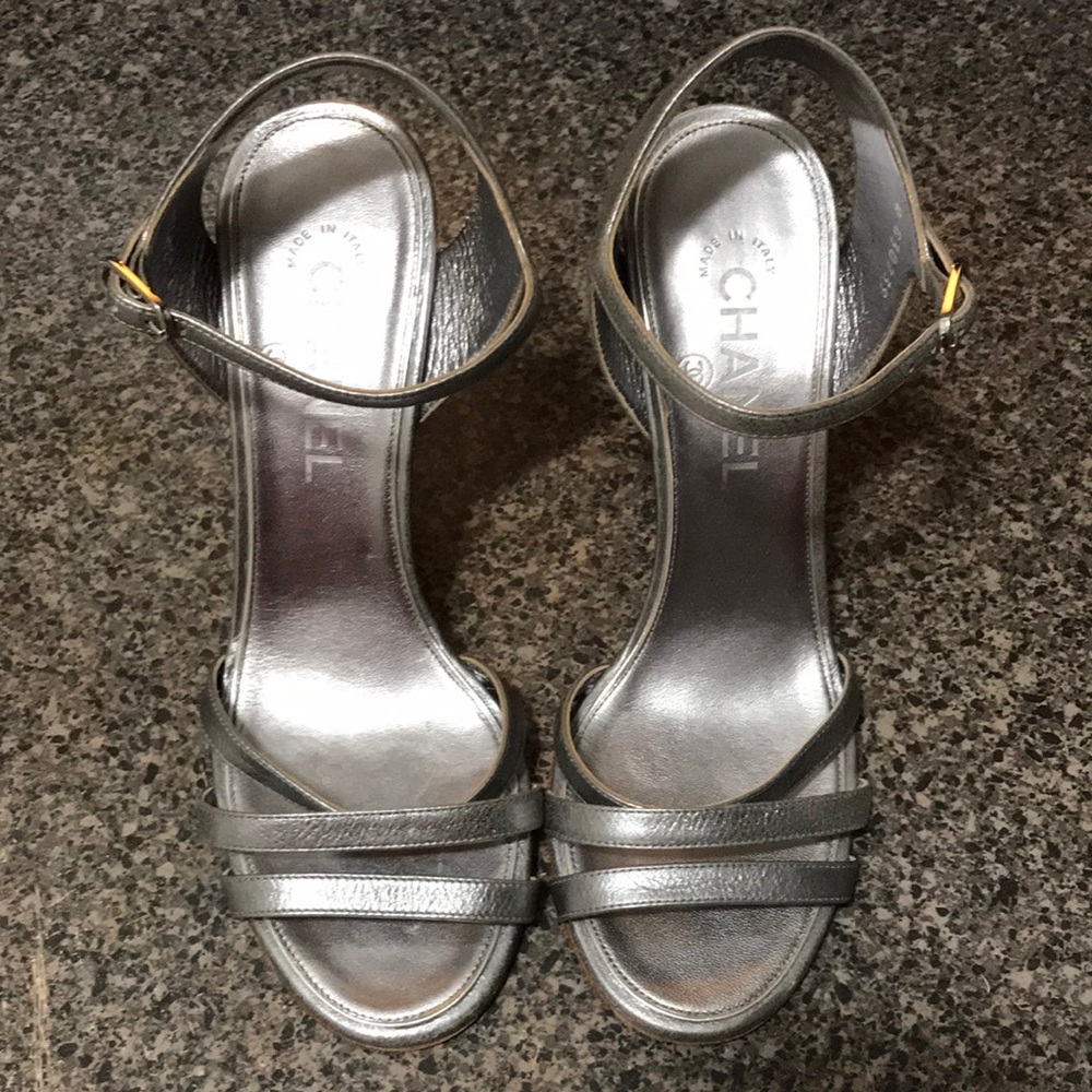 Chanel Women's Metallic Silver Wedge Sandal 38, US 7